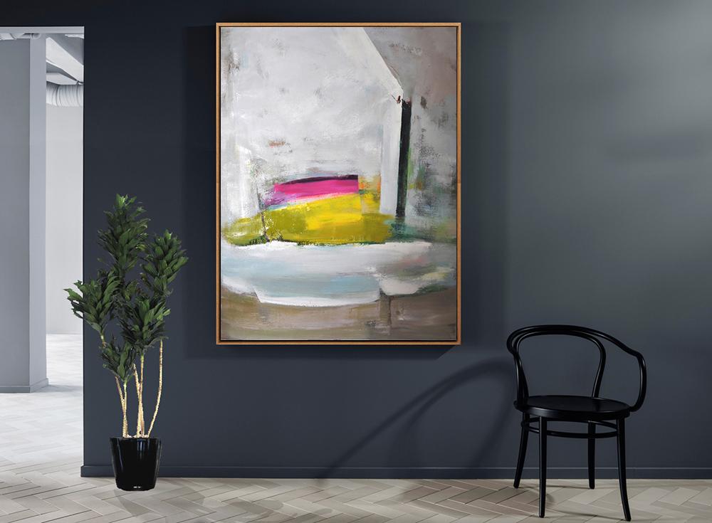 Abstract Painting Extra Large Canvas Art,Vertical Palette Knife Contemporary Art,Hand-Painted Contemporary Art,Grey,White,Yellow,Pink.etc - Click Image to Close